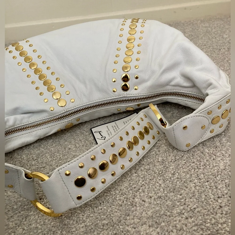 NWT ✨ Y2K Junior Drake White Leather Gold Studded Hobo Handbag Purse Bag